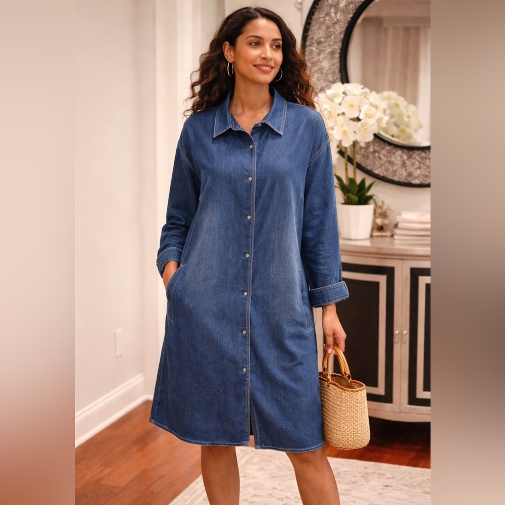 Judy Blue Long-Sleeve Denim Shirt Dress in Classic Blue